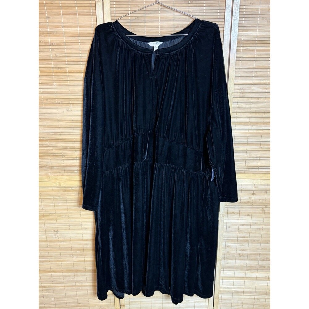 Black Velvet Midi Dress 4X Long Sleeve Round Neck Smocked Stretch Goth